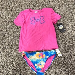 Under Armour Bright Pink Girls' Rash Guard with Tropical Print Bikini Bottom